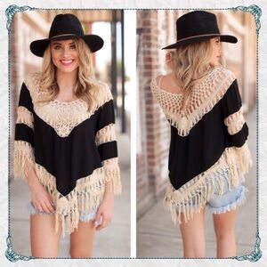 Infinity Raine Black and Cream Crochet Fringe Top